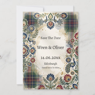 Peacock Folk Art Tartan Save The Date Card