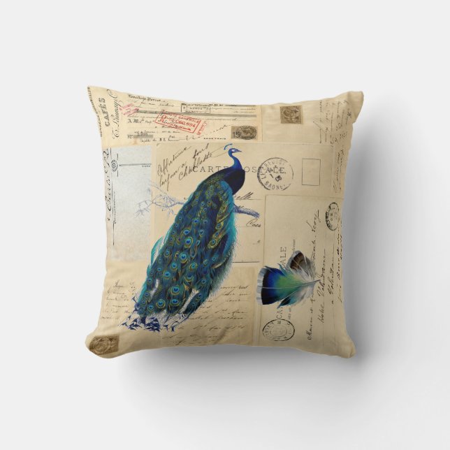 Peacock French Postcards Pillow (Front)