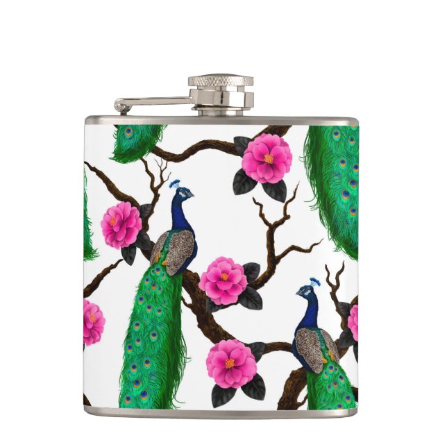 Peacock garden hip flask (Front)