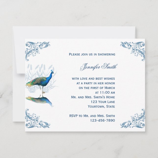 Peacock Garden in Blue Bridal Shower Invitation (Front)