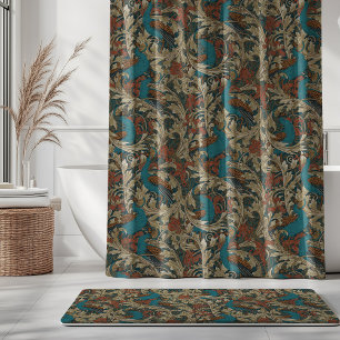 Peacock Garden in Teal Blue Rust Mustard Beige Shower Curtain
