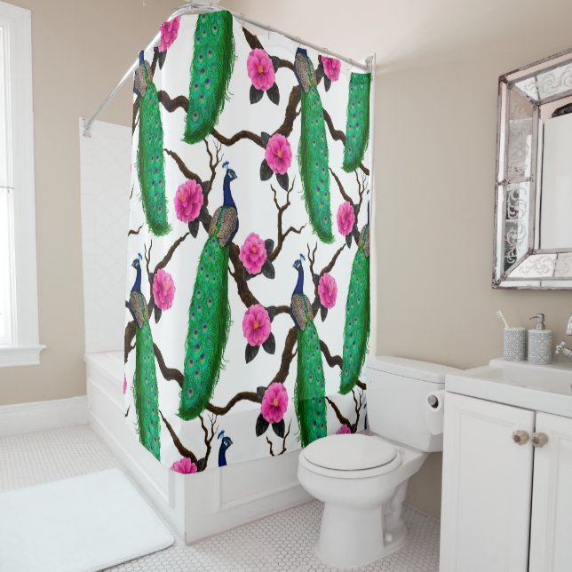 Peacock garden shower curtain (In Situ)