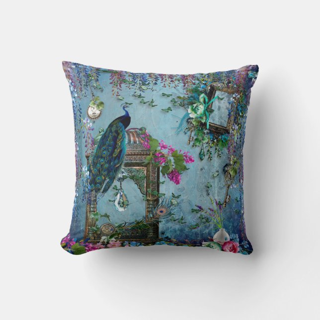 Peacock Garden wisteria blue lavender pink Cushion (Front)