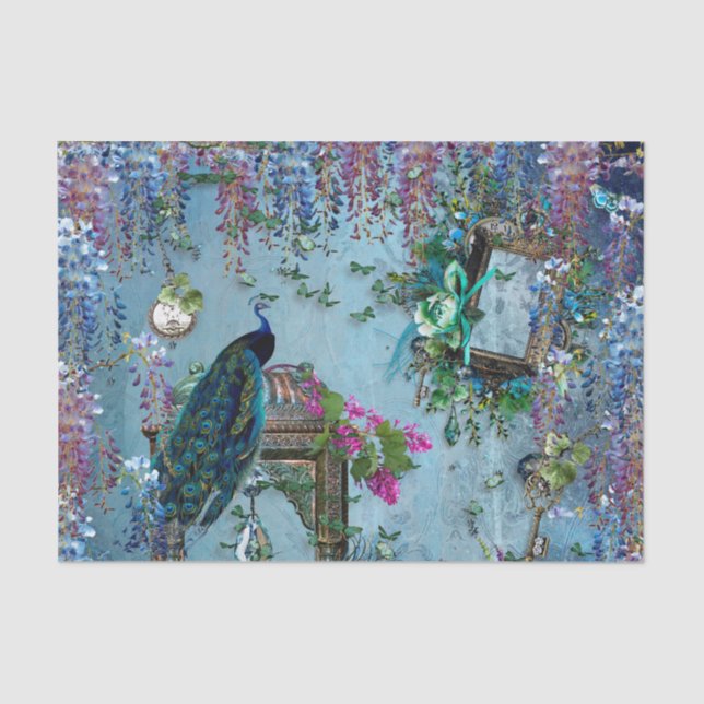 Peacock Garden wisteria blue lavender pink Tissue Paper (Front)