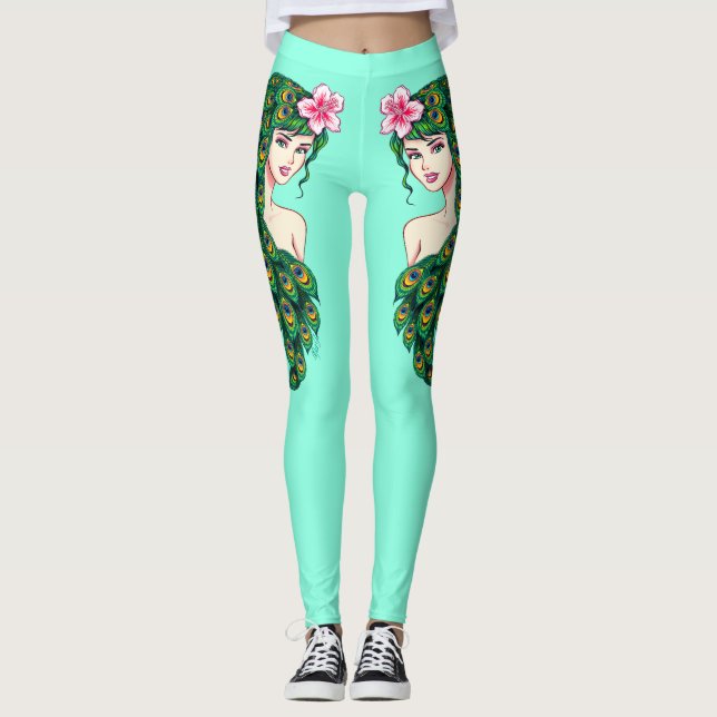 Peacock Girl Teal Athleisure Yoga Pants Leggings (Front)