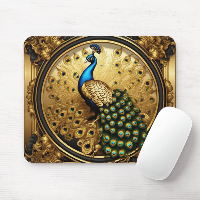 Peacock gold and black ornamental frame mouse mat (With Mouse)