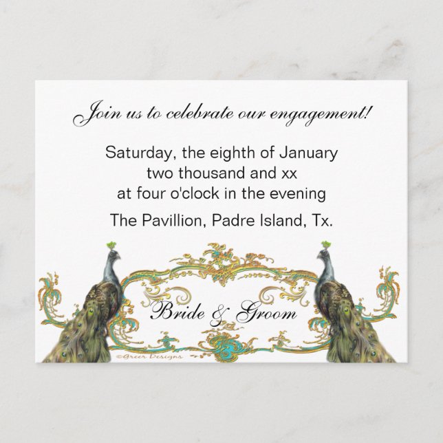 Peacock & Gold Engagement Party Invitation (Front)