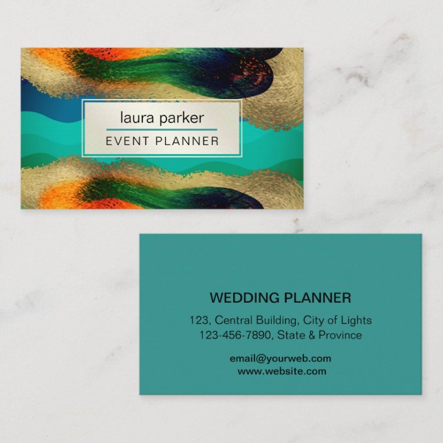Peacock Gold Glitter Elegant Blue Green Modern Bus Business Card (Front/Back)