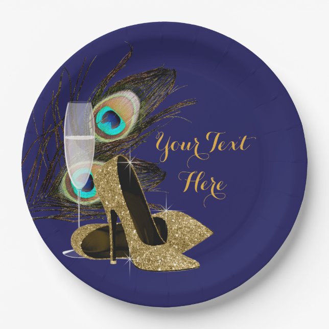 Peacock Gold High Heel Shoes Paper Plates (Front)
