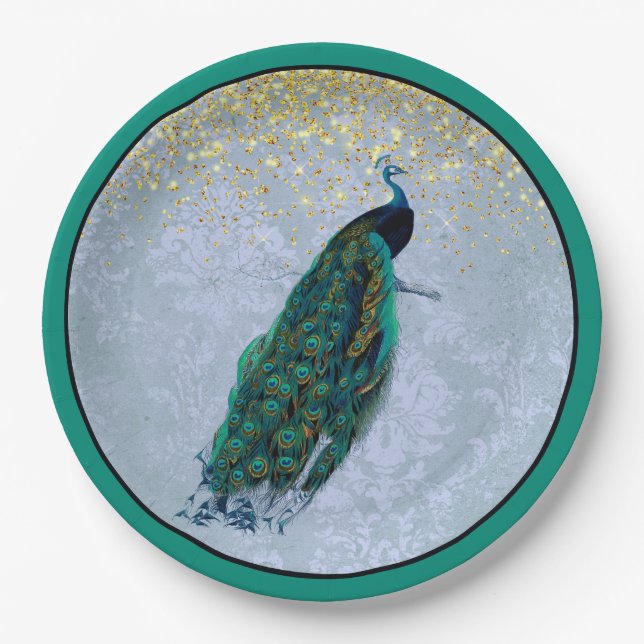Peacock Gold Sparkles Watercolor Paper Plate (Front)