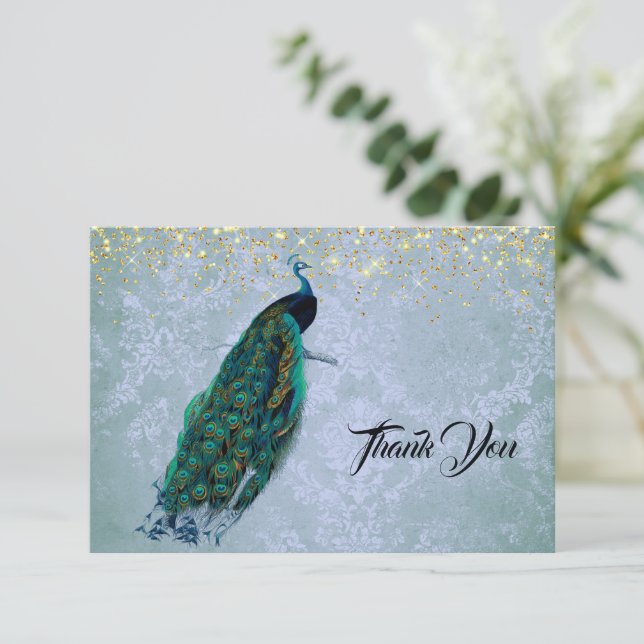Peacock Gold Sparkles Watercolor Thank You Card (Standing Front)