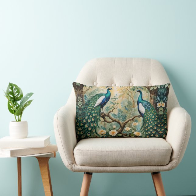 Peacock Golden Teal Floral Jungle Lumbar Cushion (Chair)