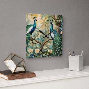 Peacock Golden Teal Floral Jungle Square Wall Clock