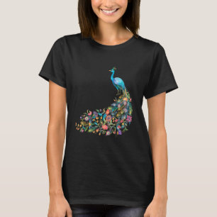 Peacock Graphic Blue Teal Floral Tail Feathers Bir T-Shirt