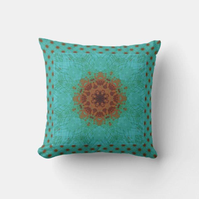 Peacock Green and Rust Graphic Floral Mandala Cushion (Front)