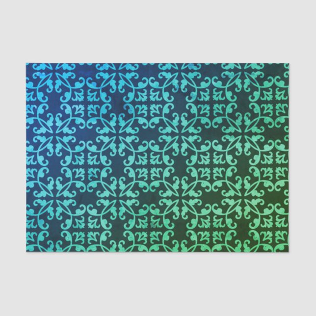 Peacock Green Gradient Damask Pattern  Tissue Paper (Front)