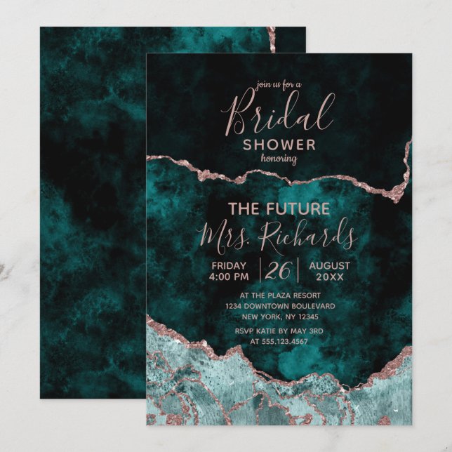 Peacock Green & Rose Gold Agate Bridal Shower Invitation (Front/Back)