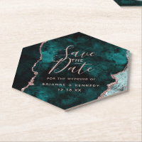 Peacock Green Rose Gold Agate Marble Save the Date