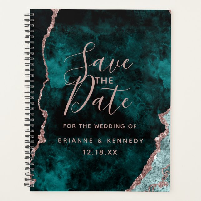 Peacock Green Rose Gold Agate Marble Save the Date Planner (Front)