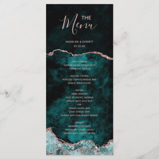 Peacock Green Rose Gold Agate Marble Wedding Menu (Front)