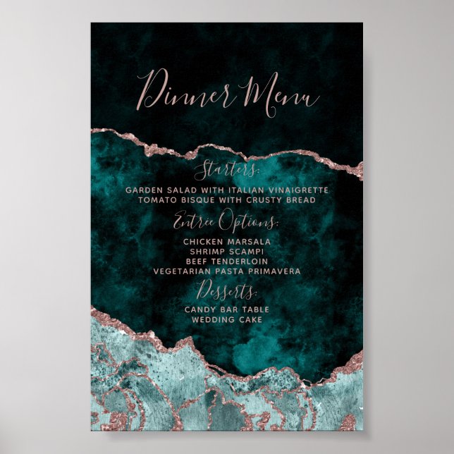 Peacock Green Rose Gold Agate Marble Wedding Menu Poster (Front)