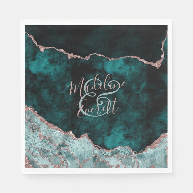 Peacock Green & Rose Gold Agate Wedding Monogram Napkin (Front)