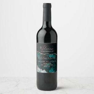 Peacock Green & Rose Gold Agate Wedding Welcome Wine Label