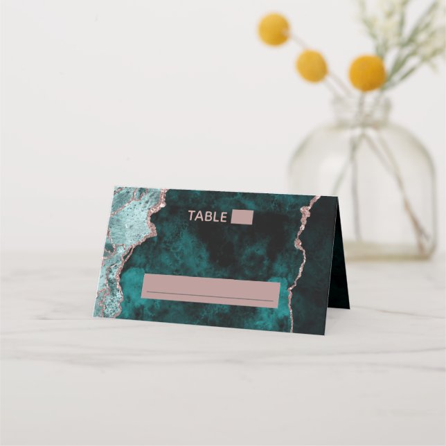 Peacock Green & Rose Gold Foil Agate Table Number Place Card (Front)