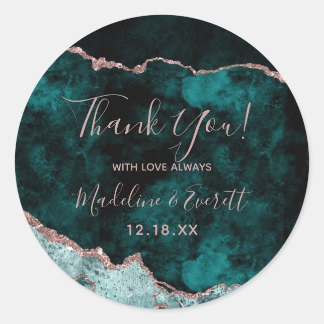 Peacock Green & Rose Gold Foil Agate Thank You Classic Round Sticker (Front)