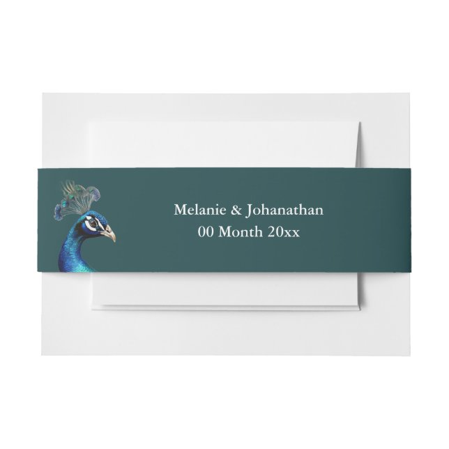 Peacock head dark teal blue garden outdoor wedding invitation belly band (Front Example)
