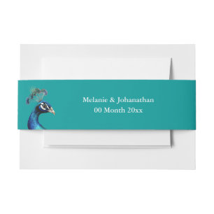 Peacock head teal blue garden outdoor wedding invitation belly band