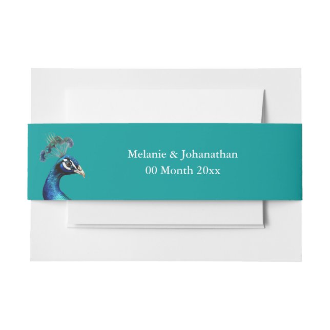 Peacock head teal blue garden outdoor wedding invitation belly band (Front Example)