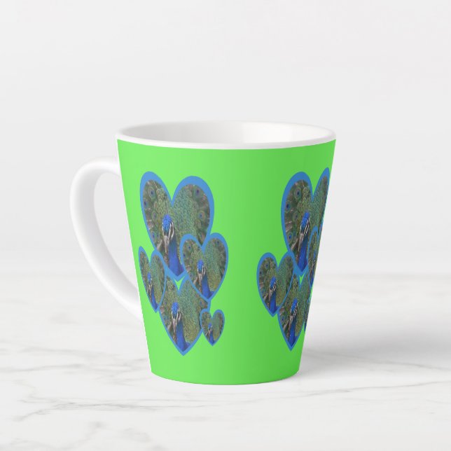 Peacock Hearts Pattern Cust. BC Green Latte Mug (Left Angle)