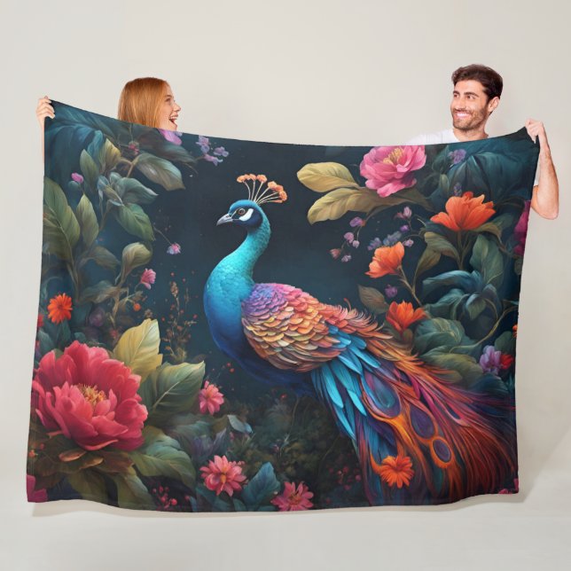 Peacock In a Colourful Rose Garden Fleece Blanket (In Situ)