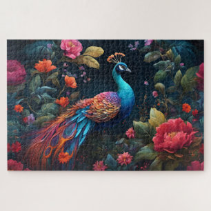 Peacock In a Colourful Rose Garden Jigsaw Puzzle