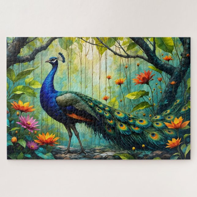 Peacock in a Floral Jungle Puzzle (Horizontal)