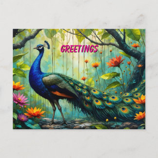 Peacock in a Floral Jungle Puzzle Postcard