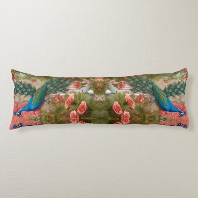 Peacock in Apricot Rose Garden  Body Cushion (Front)