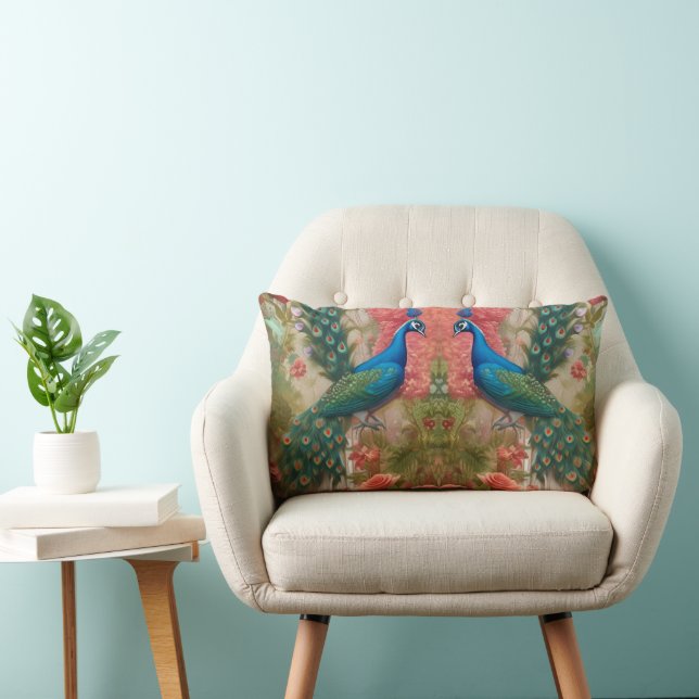 Peacock in Apricot Rose Garden   Lumbar Cushion (Chair)
