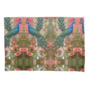 Peacock in Apricot Rose Garden   Pillowcase