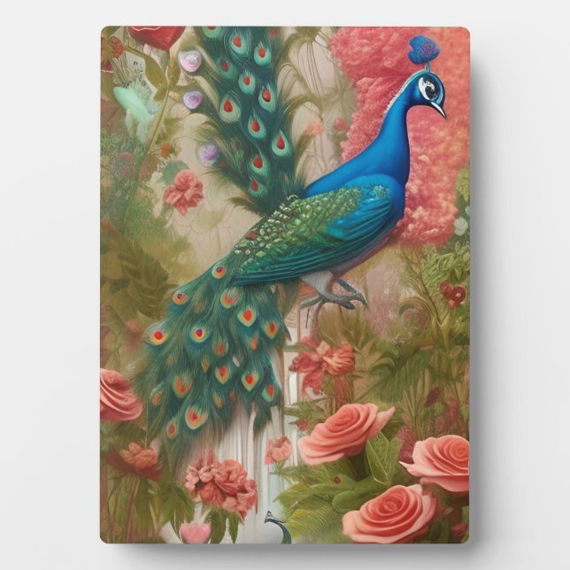 Peacock in Apricot Rose Garden Plaque (Front)