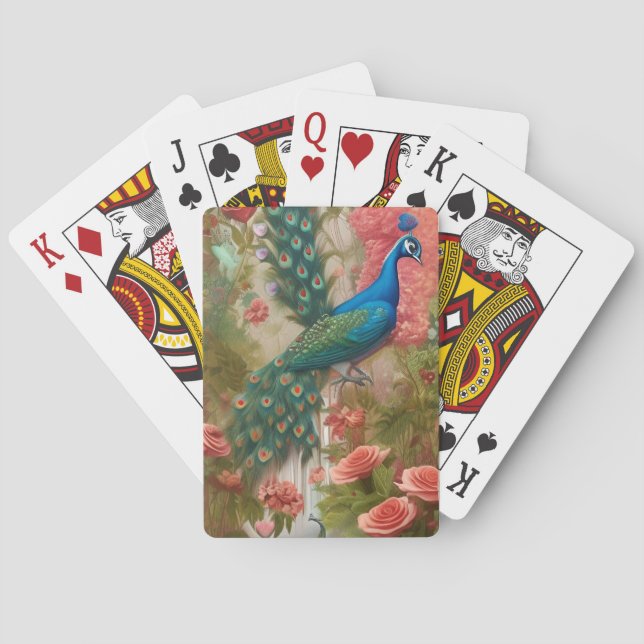 Peacock in Apricot Rose Garden  Playing Cards (Back)