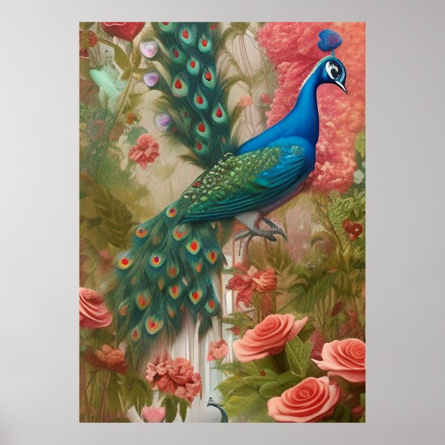 Peacock in Apricot Rose Garden  Poster (Front)