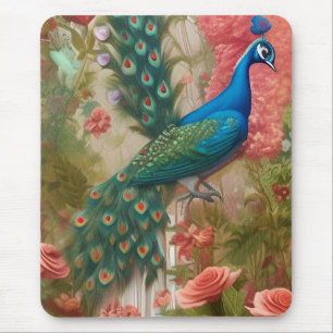 Peacock in Apricot Rose Garden  Poster Mouse Mat