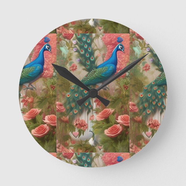 Peacock in Apricot Rose Garden   Round Clock (Front)