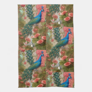 Peacock in Apricot Rose Garden Tea Towel