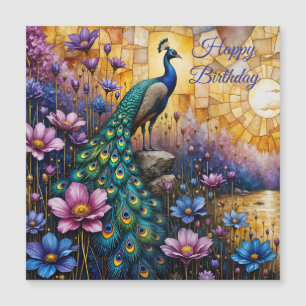 Peacock in Floral Landscape, Birthday Magnet
