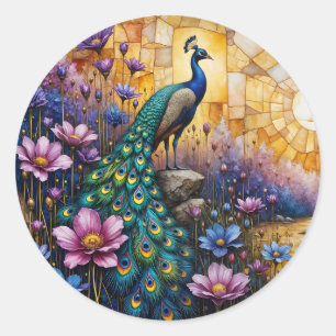 Peacock in Floral Landscape Classic Round Sticker