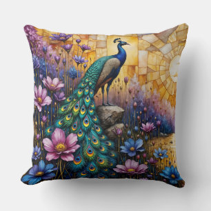 Peacock in Floral Landscape Cushion