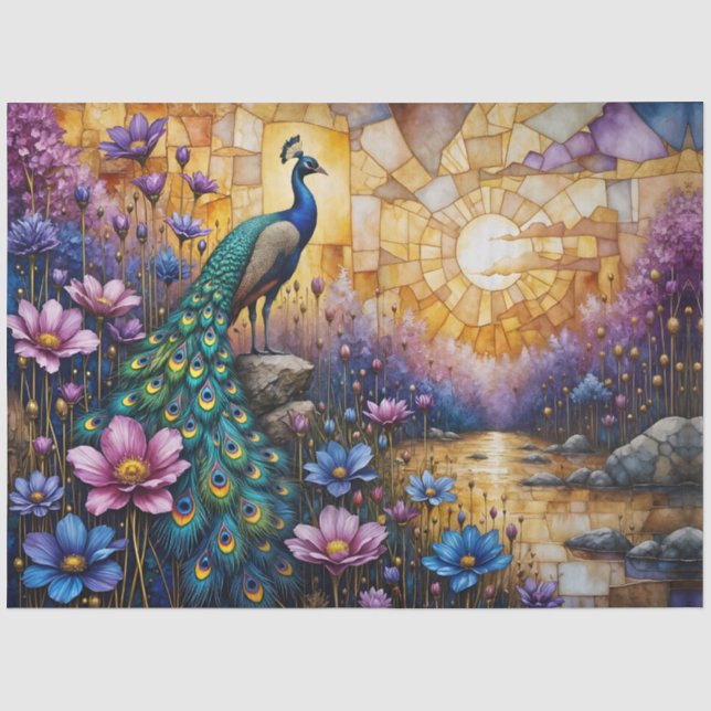 Peacock in Floral Landscape Tissue Paper (Front)